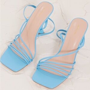 PrettyLittleThing Baby Blue Square Toe Asymmetrical Strap High Heeled Sandals